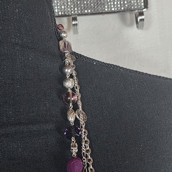 Premier Designs Silver Tone Three Strand Purple Silver Bead Coin 32" Necklace - Picture 8 of 16